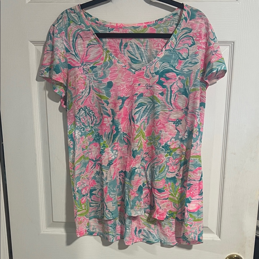 Lilly Pulitzer Floral V-Neck Top - Pink and Green